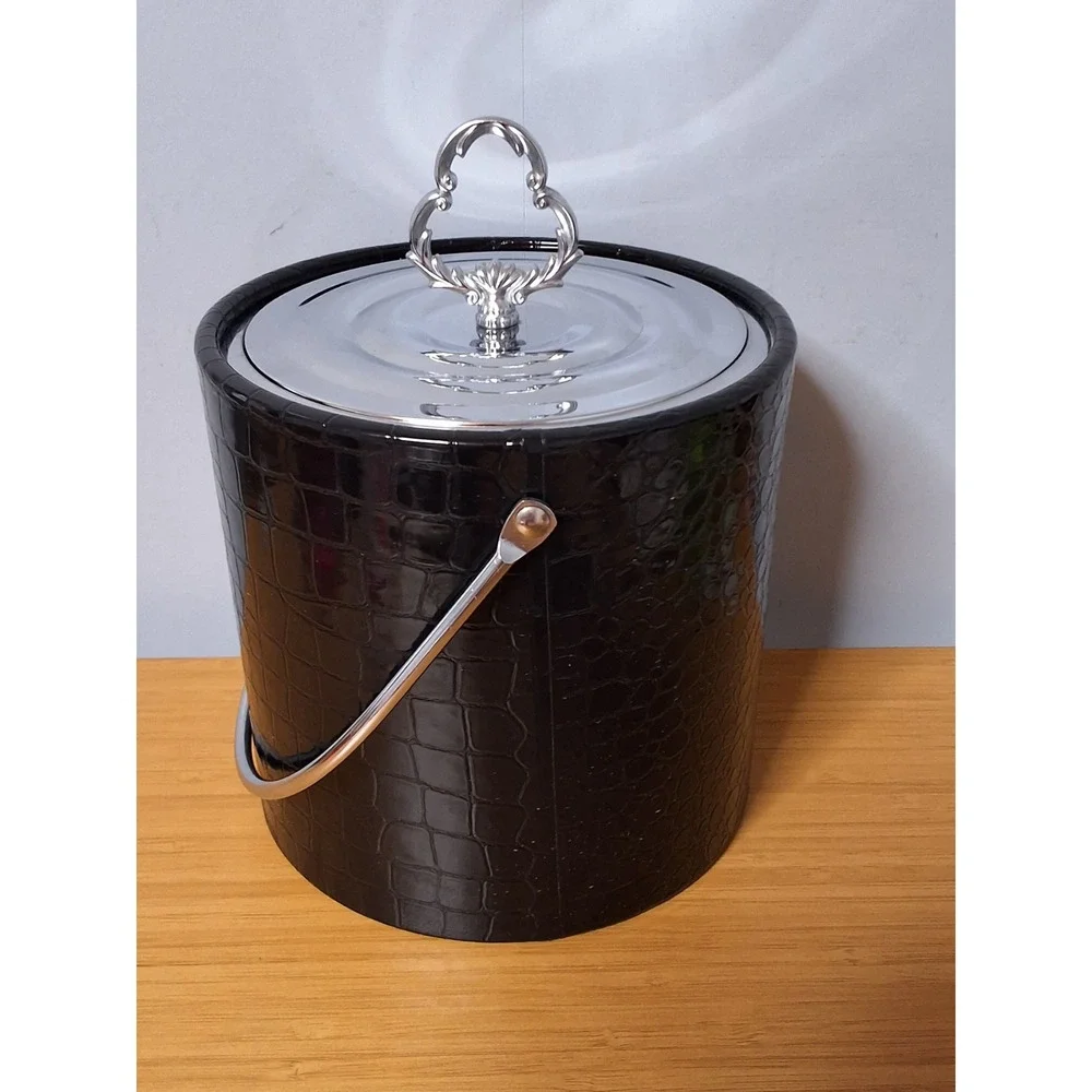 Vintage Irvinware Black Faux Crocodile Ice Bucket Chrome Lid Made in USA MCM